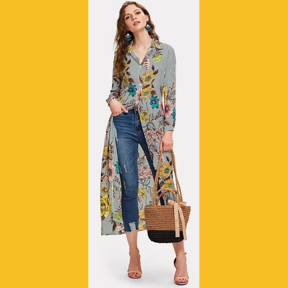 Shein Striped Floral Long Shirt Dress, Size L 8/10